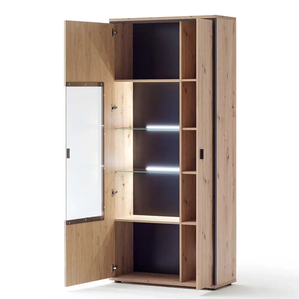Wohnen Vitrinen<93x210x38 Vitrinenschrank in Eiche Holzdekor - Nikdus