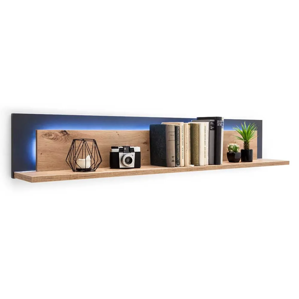 Wohnen Regale<139x24x20 Wandboard in Eiche Dekor & Grau - Wykina