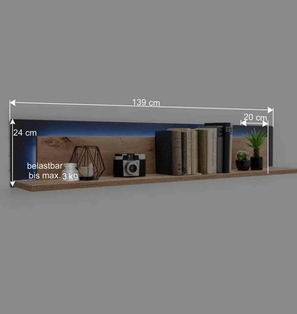 Wohnen Regale<139x24x20 Wandboard in Eiche Dekor & Grau - Wykina