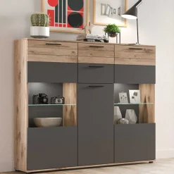Wohnen Highboards|Vitrinen<140x134x37 Wohnzimmerschrank Highboard mit Glas - Lucios