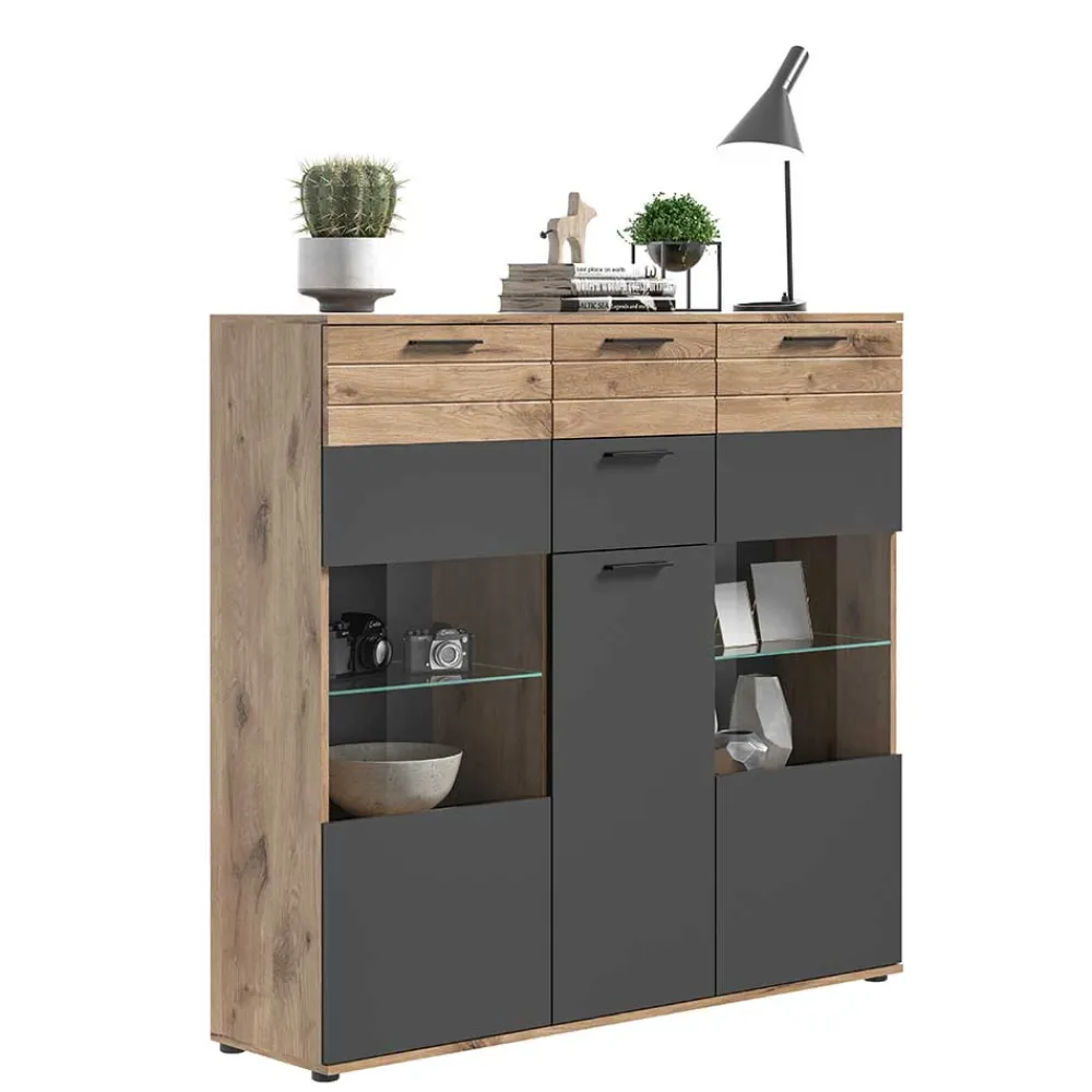 Wohnen Highboards|Vitrinen<140x134x37 Wohnzimmerschrank Highboard mit Glas - Lucios