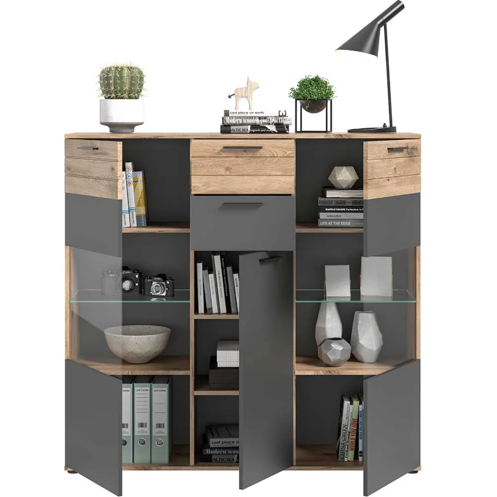 Wohnen Highboards|Vitrinen<140x134x37 Wohnzimmerschrank Highboard mit Glas - Lucios