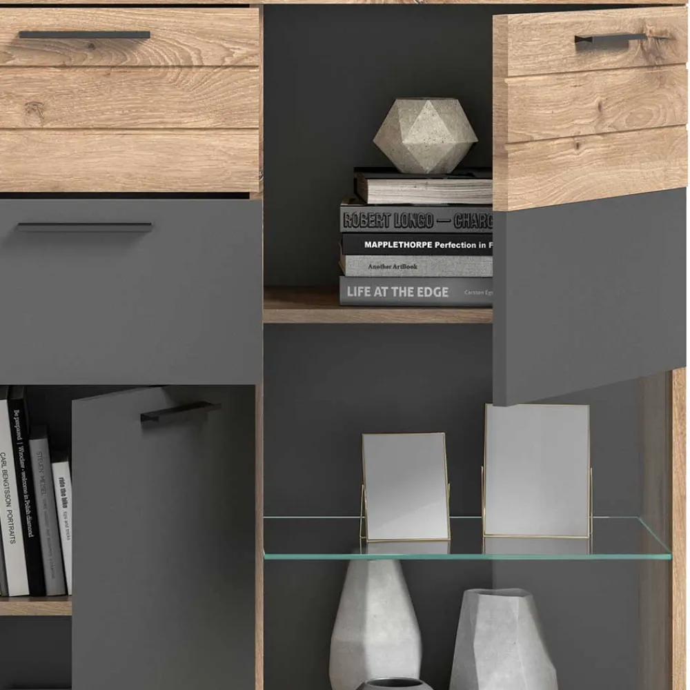 Wohnen Highboards|Vitrinen<140x134x37 Wohnzimmerschrank Highboard mit Glas - Lucios
