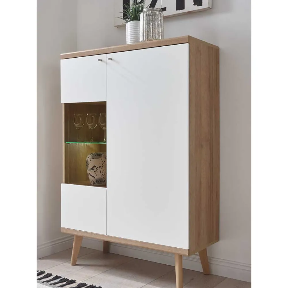 Wohnen Vitrinen|Schränke<90x134x40 Wohnzimmerschrank in Weiß & Eiche - Cablos